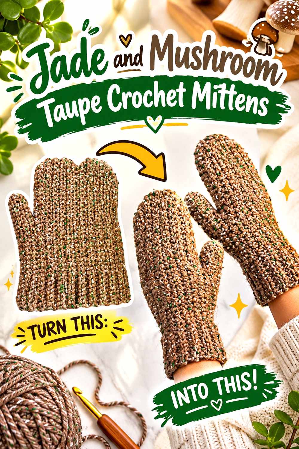 11. Jade And Mushroom Taupe Crochet Mittens