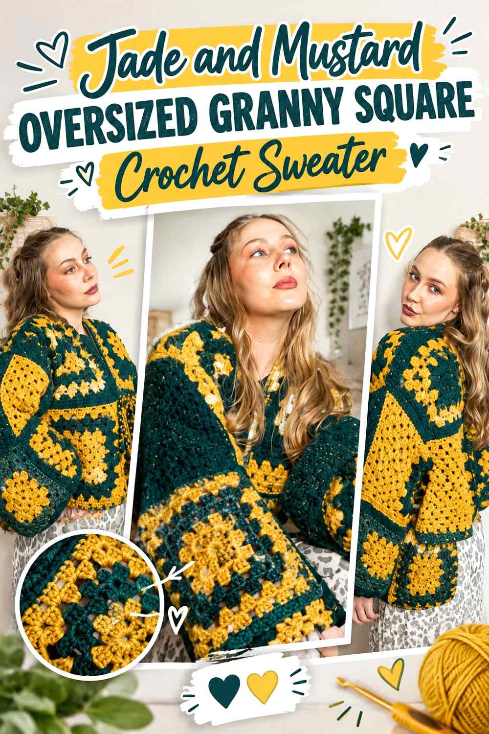 5. Jade And Mustard Oversized Granny Square Crochet Sweater