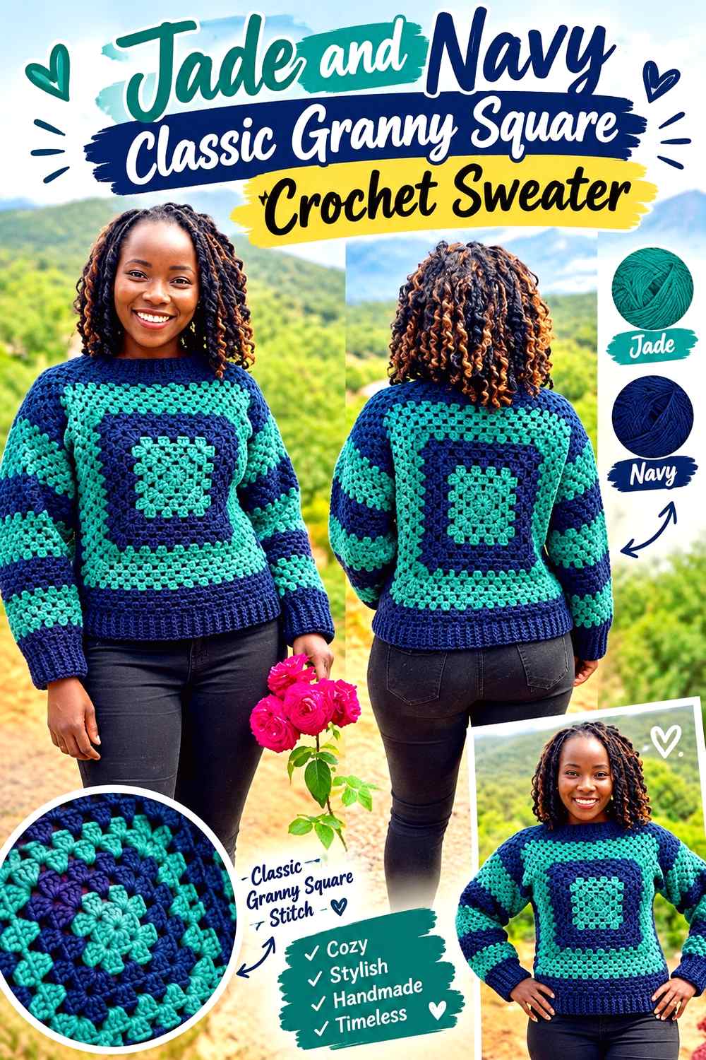 3. Jade And Navy Classic Granny Square Crochet Sweater