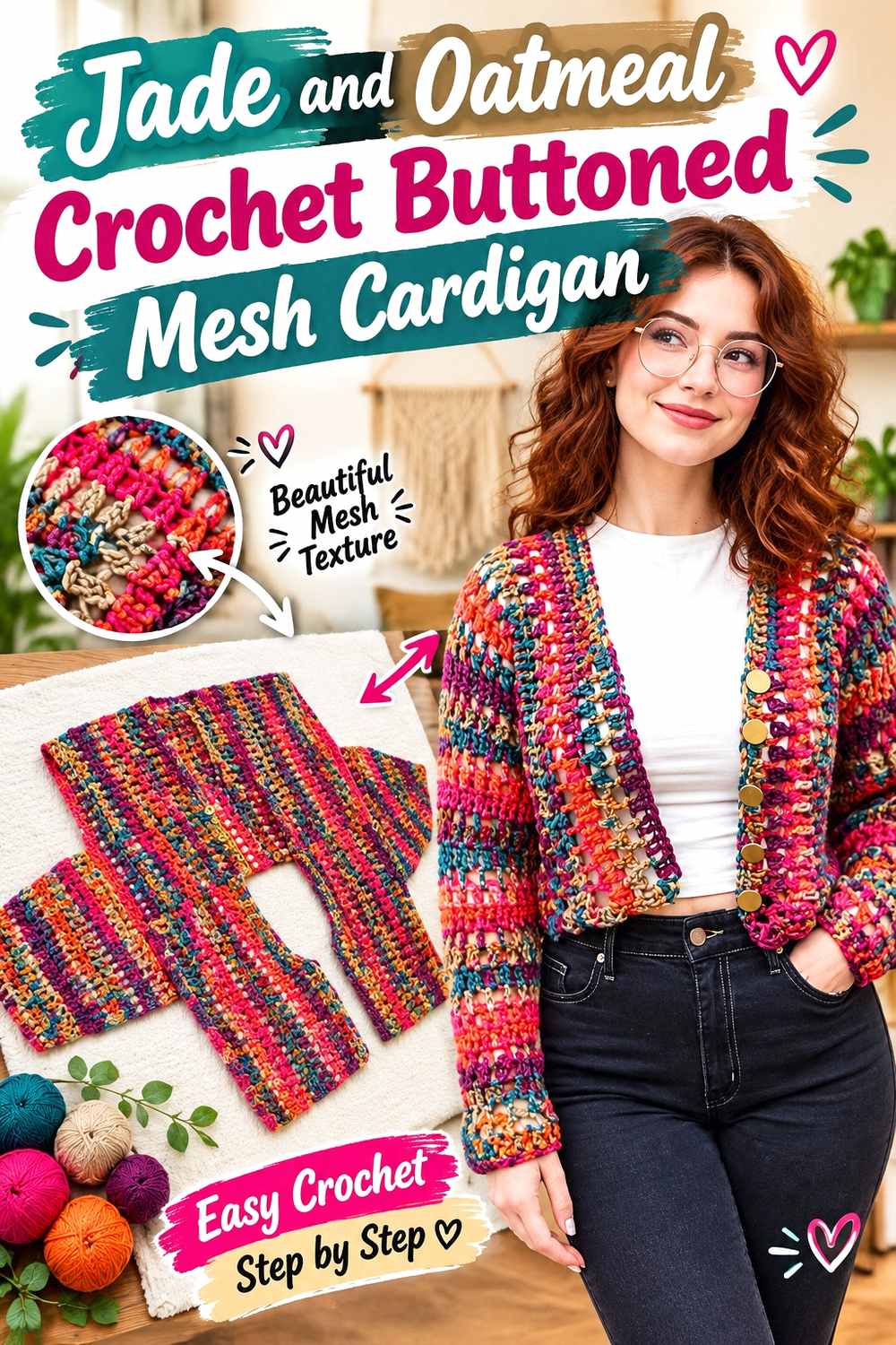 2. Jade And Oatmeal Crochet Buttoned Mesh Cardigan