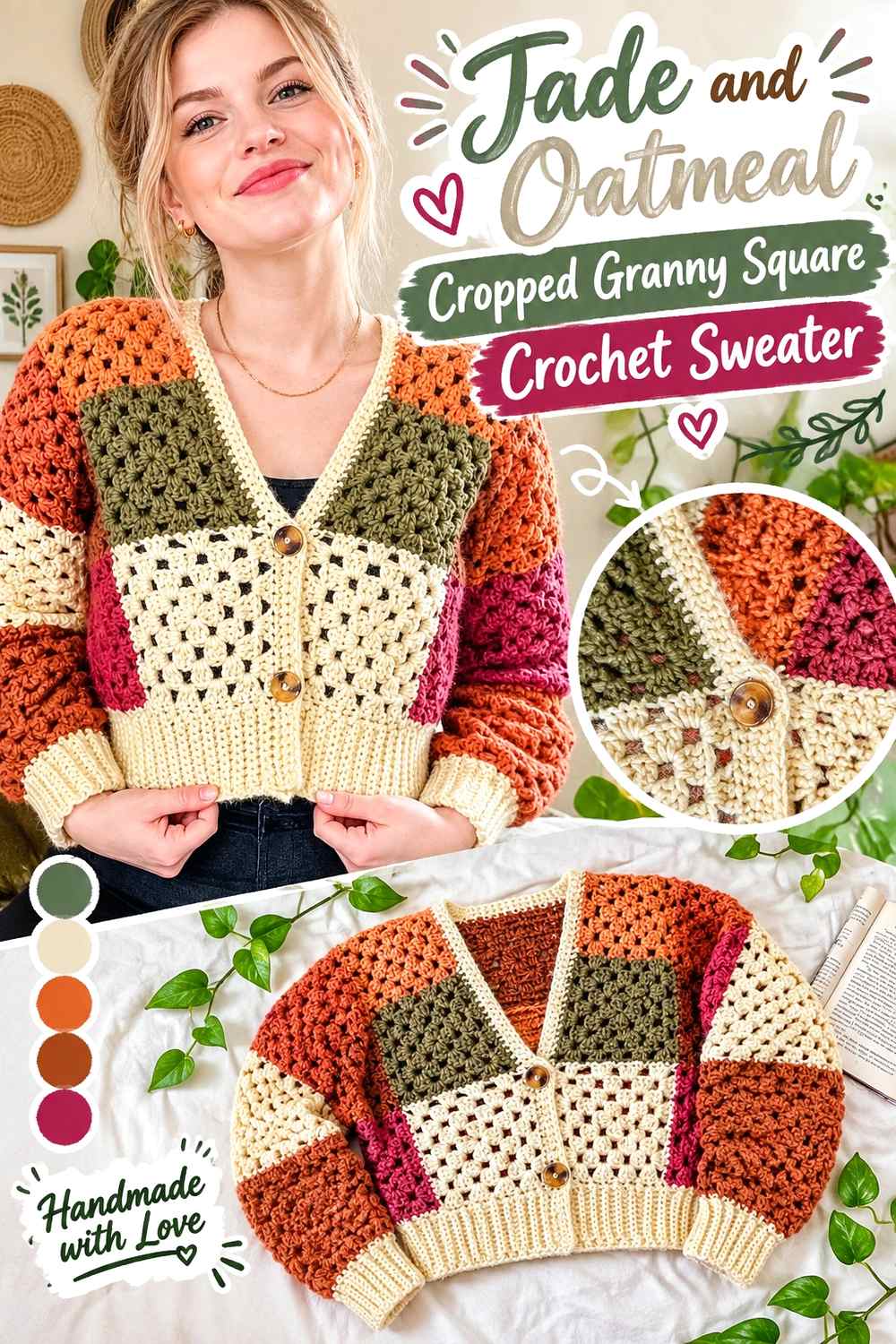 2. Jade And Oatmeal Cropped Granny Square Crochet Sweater