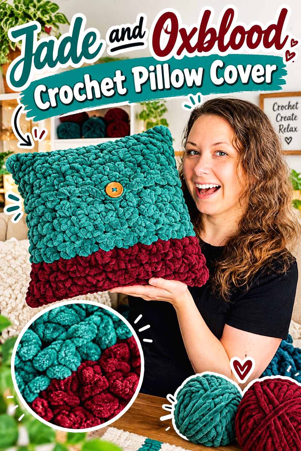 12. Jade And Oxblood Crochet Pillow Cover