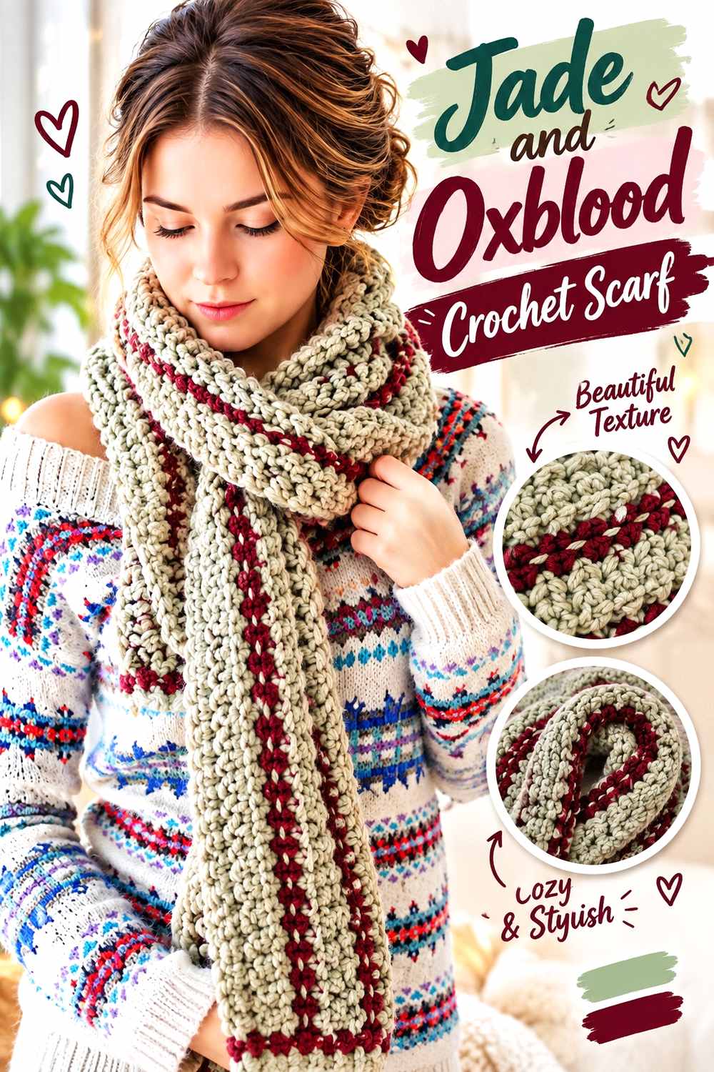 5. Jade And Oxblood Crochet Scarf