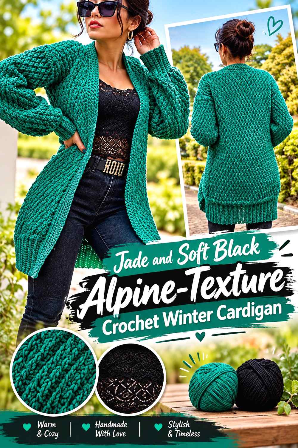 4. Jade And Soft Black Alpine Texture Crochet Winter Cardigan