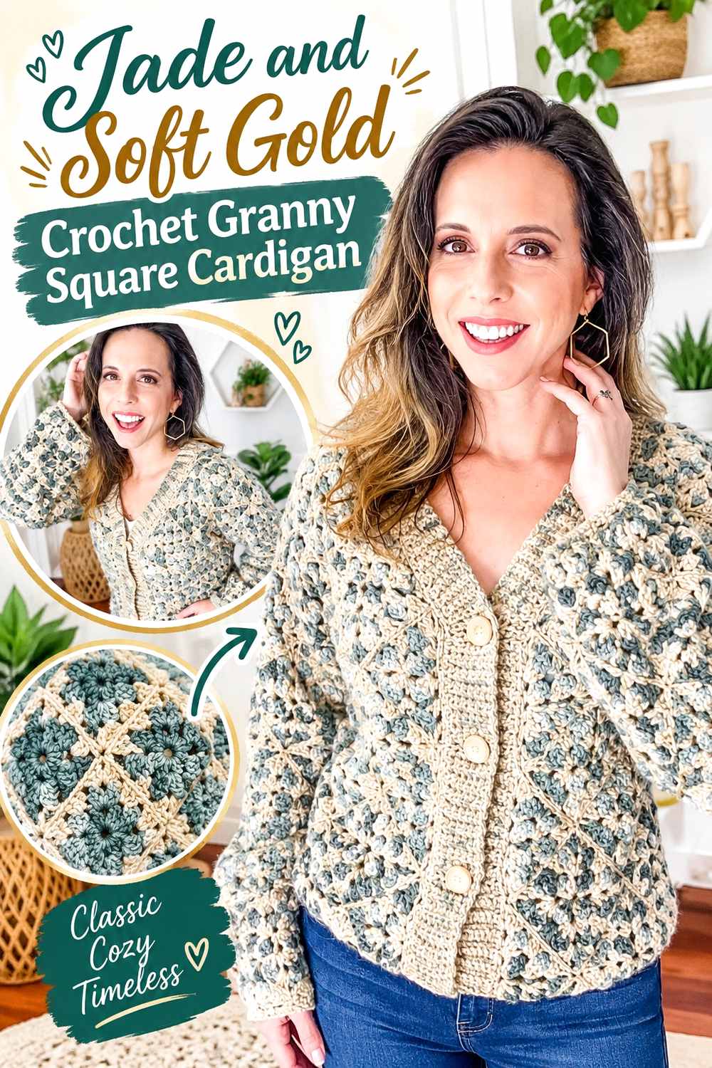 20. Jade And Soft Gold Crochet Granny Square Cardigan