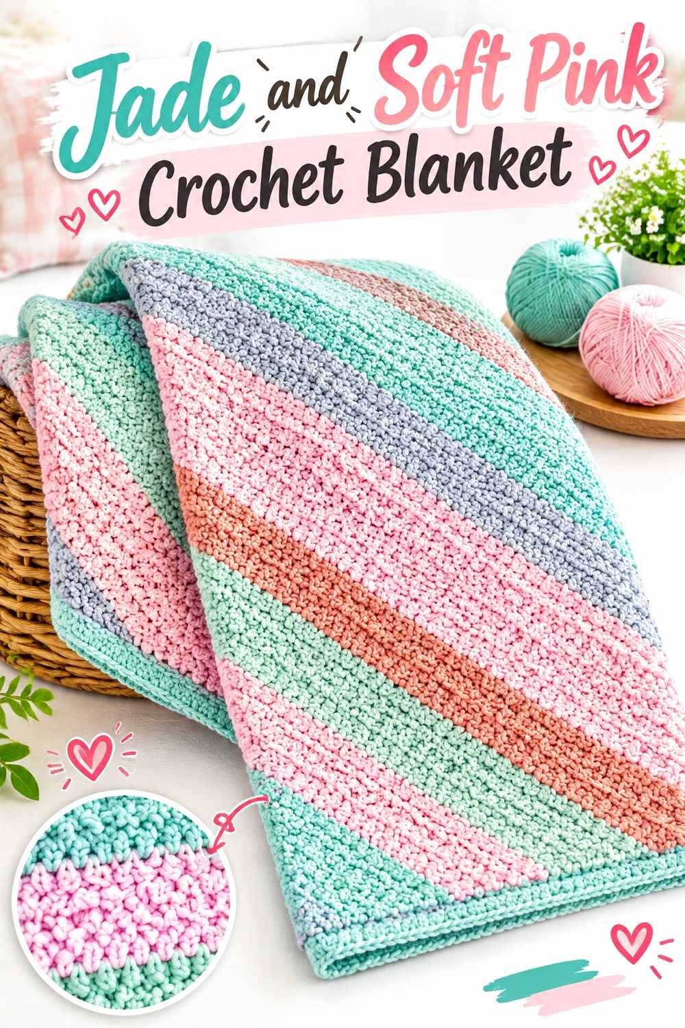 4. Jade And Soft Pink Crochet Blanket