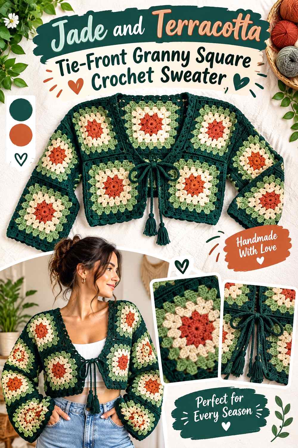 6. Jade And Terracotta Tie Front Granny Square Crochet Sweater