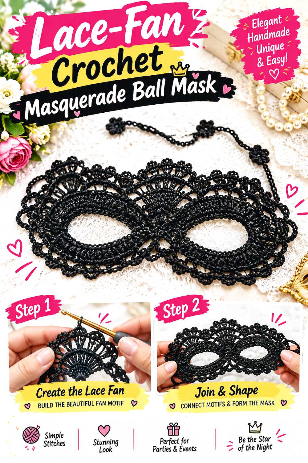 Lace Fan Crochet Masquerade Ball Mask