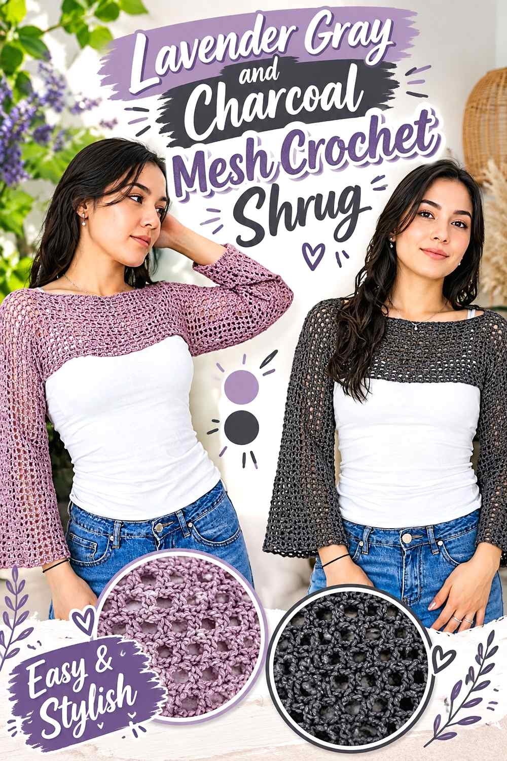 2. Lavender Gray And Charcoal Mesh Crochet Shrug