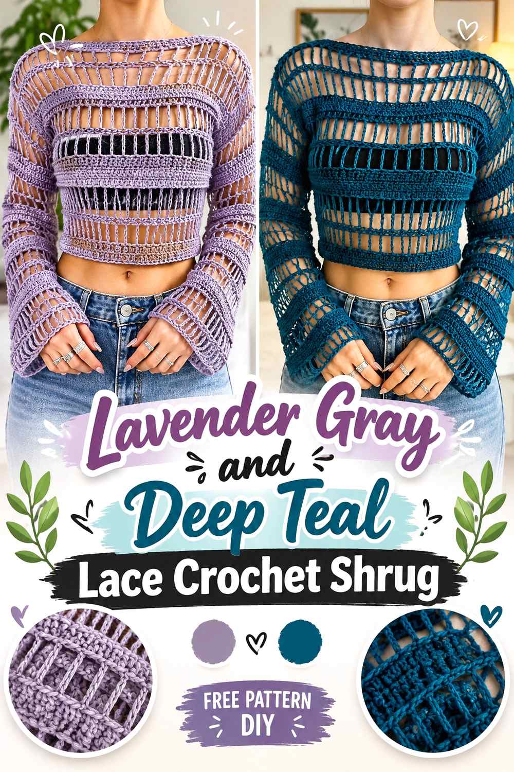 10. Lavender Gray And Deep Teal Lace Crochet Shrug