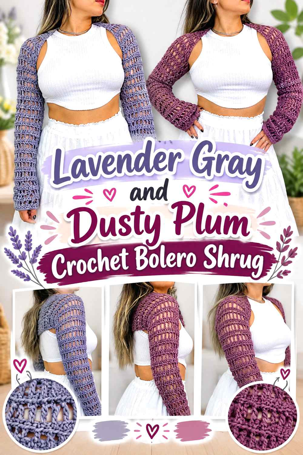 3. Lavender Gray And Dusty Plum Crochet Bolero Shrug