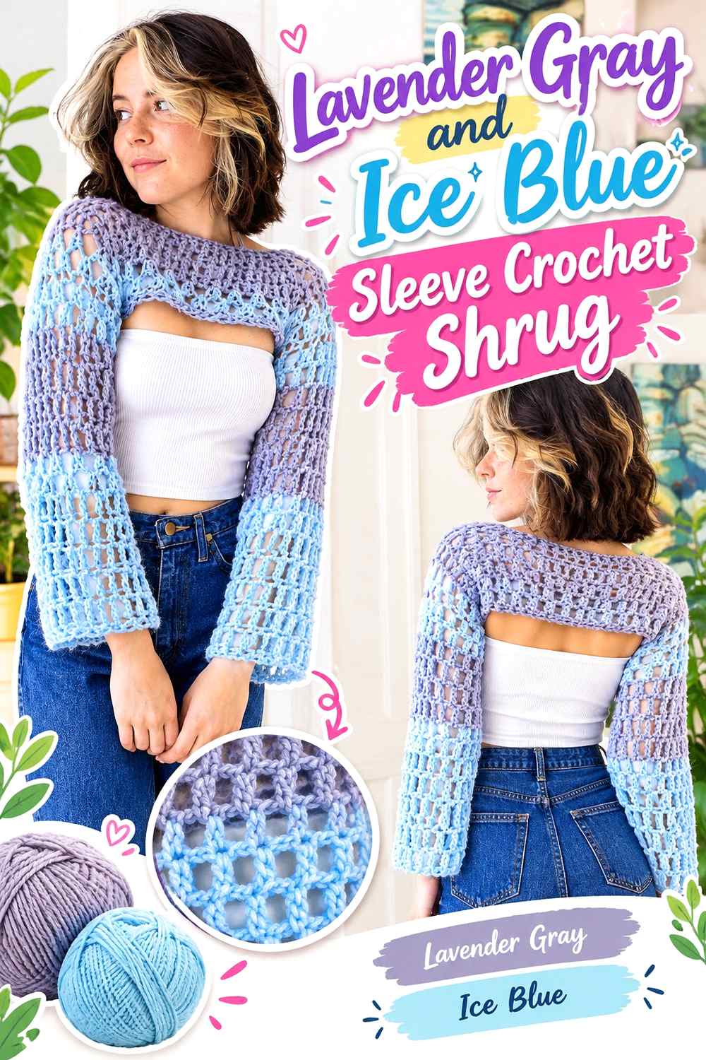 12. Lavender Gray And Ice Blue Sleeve Crochet Shrug
