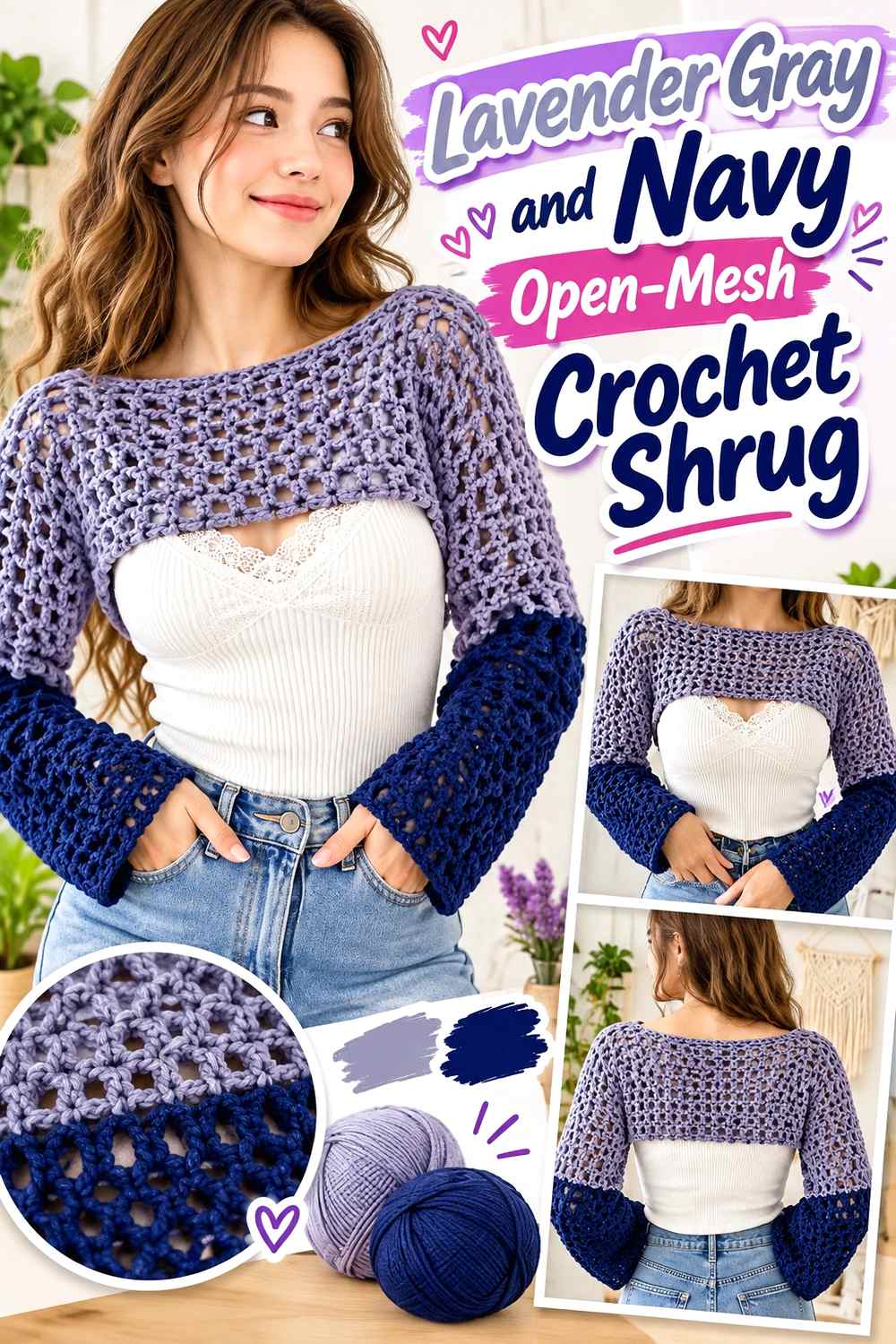 8. Lavender Gray And Navy Open Mesh Crochet Shrug