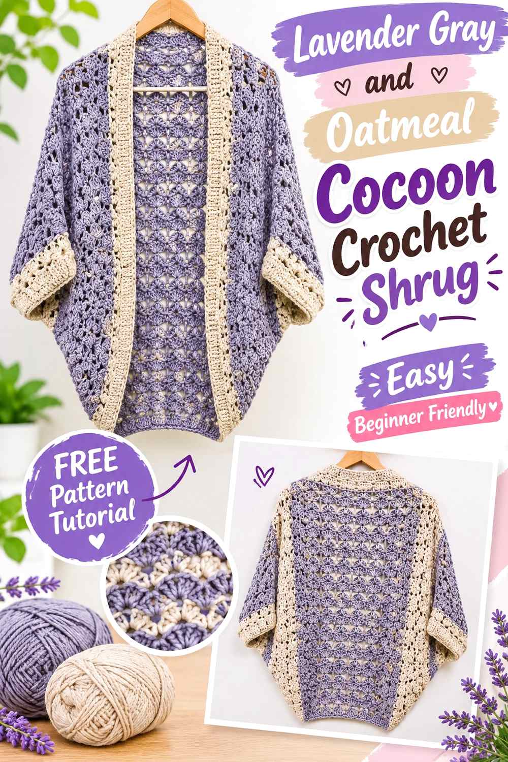 7. Lavender Gray And Oatmeal Cocoon Crochet Shrug