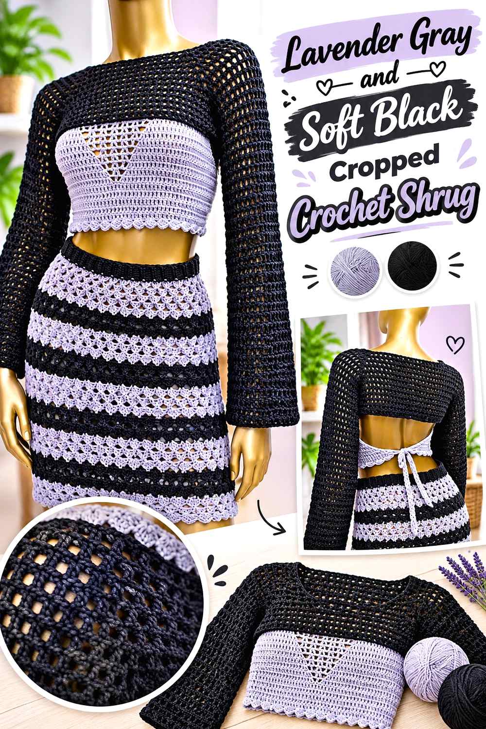 6. Lavender Gray And Soft Black Cropped Crochet Shrug