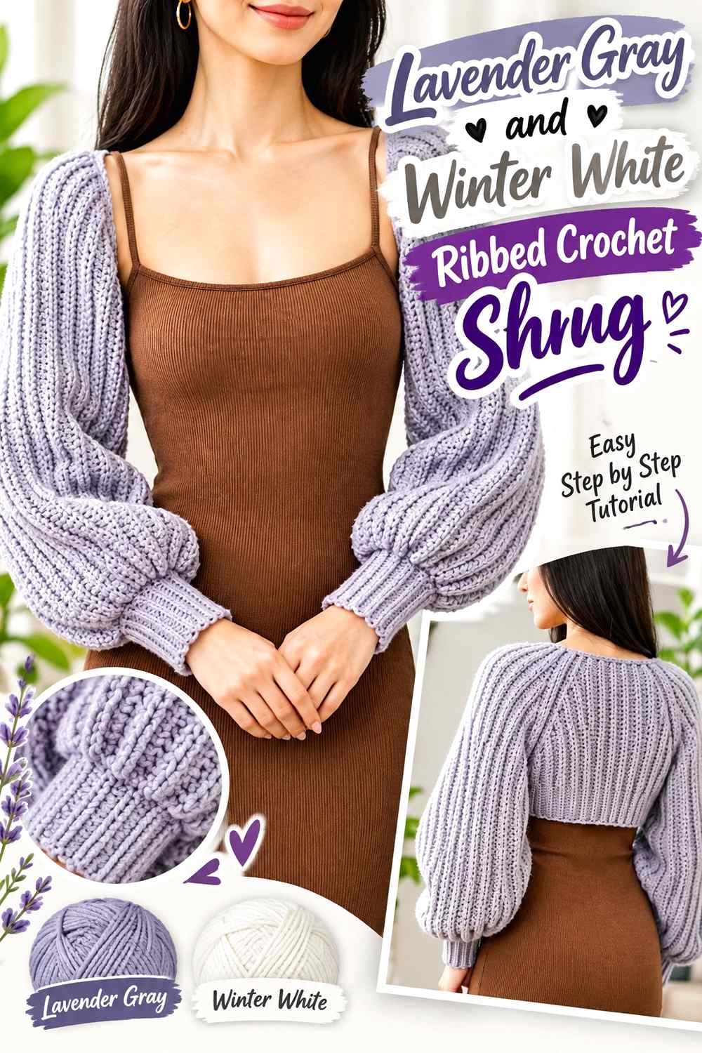 1. Lavender Gray And Winter White Ribbed Crochet Shrug