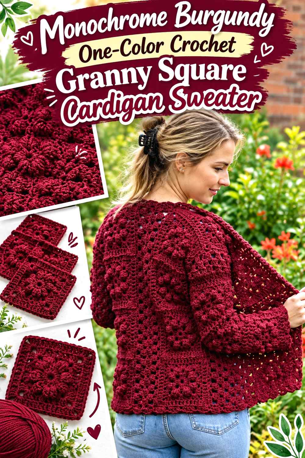 10. Monochrome Burgundy One Color Crochet Granny Square Cardigan Sweater