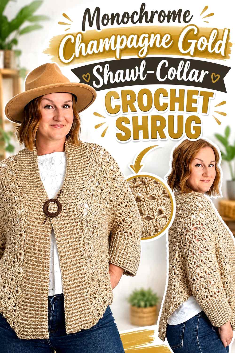 12. Monochrome Champagne Gold Shawl Collar Crochet Shrug