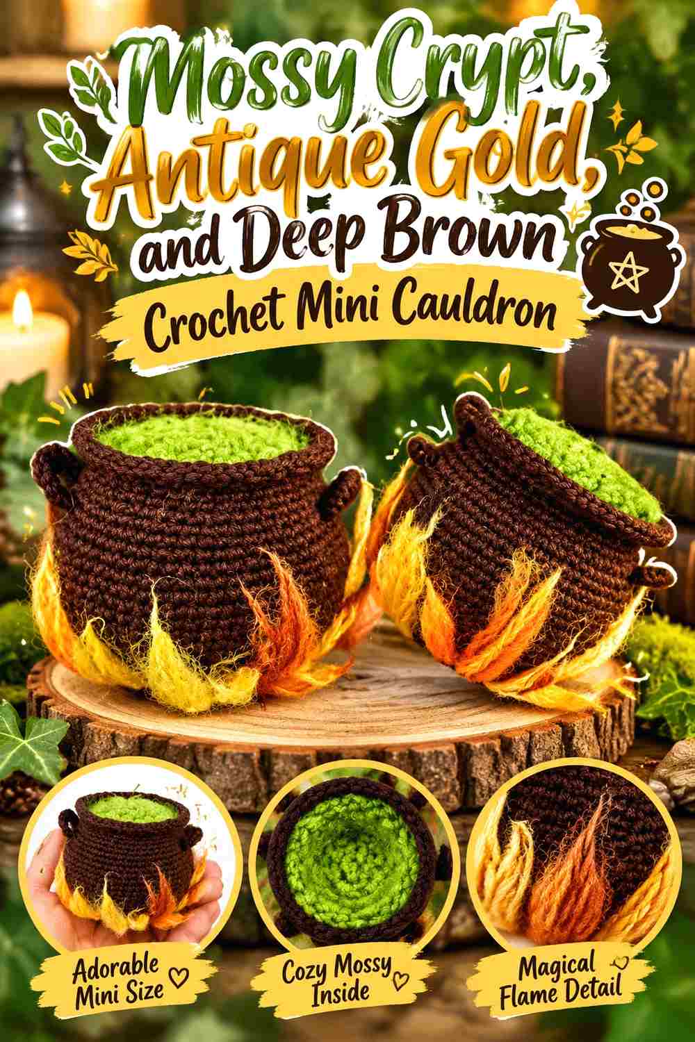 11. Mossy Crypt Antique Gold And Deep Brown Crochet Mini Cauldron