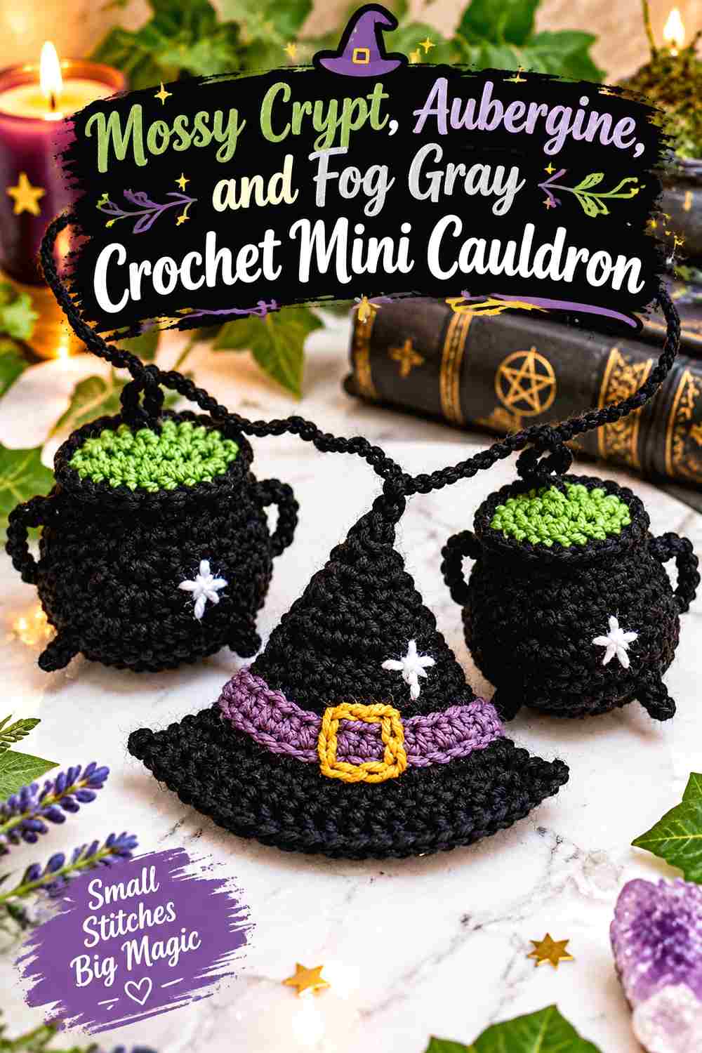 4. Mossy Crypt Aubergine And Fog Gray Crochet Mini Cauldron