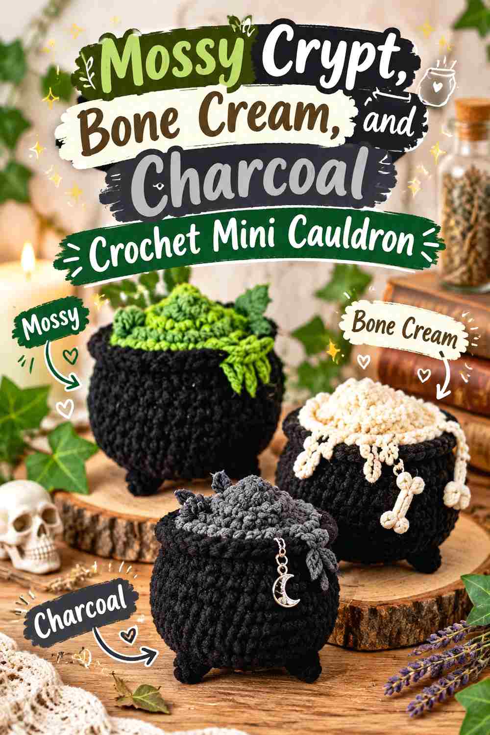 2. Mossy Crypt Bone Cream And Charcoal Crochet Mini Cauldron