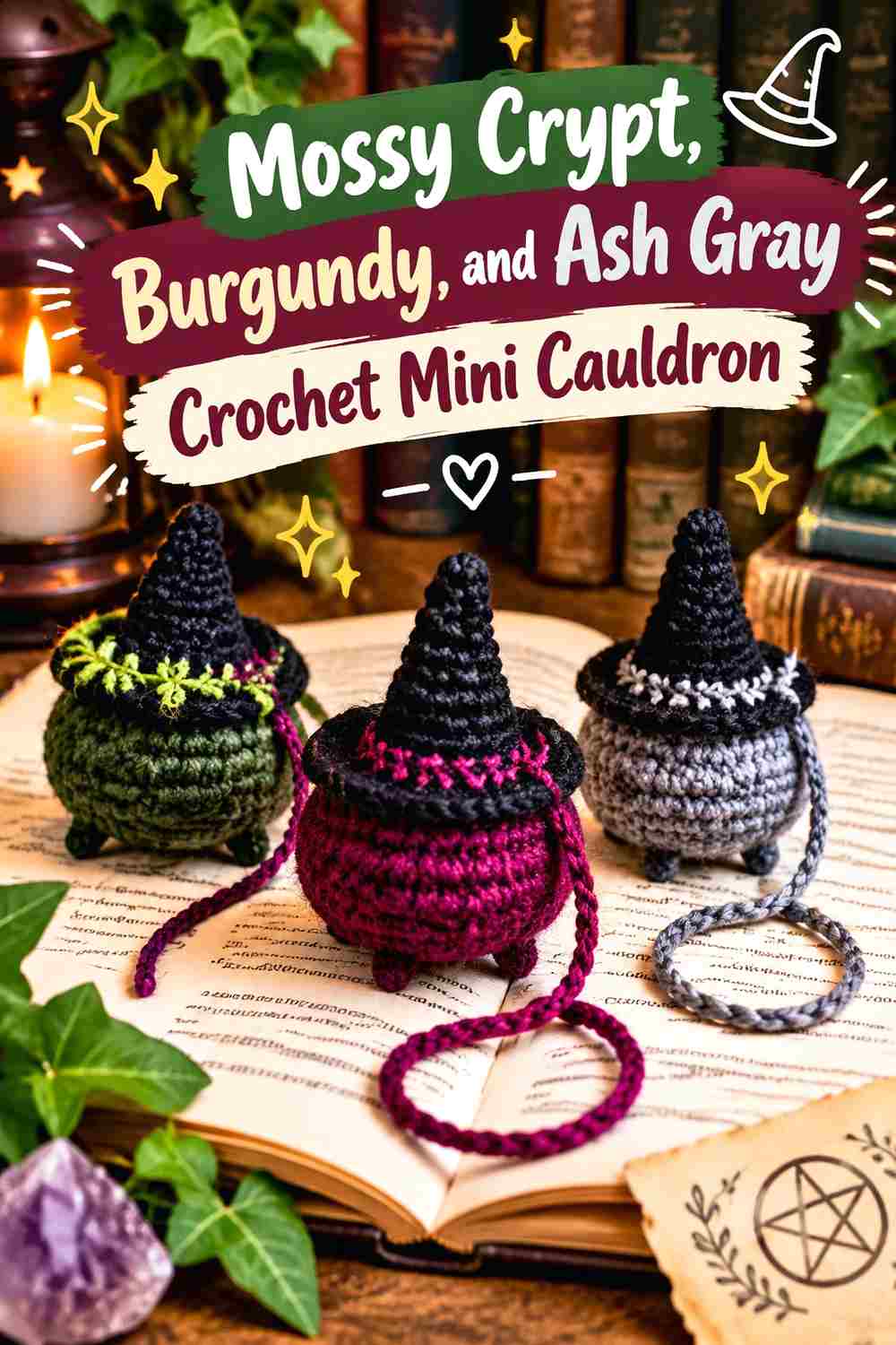 9. Mossy Crypt Burgundy And Ash Gray Crochet Mini Cauldron