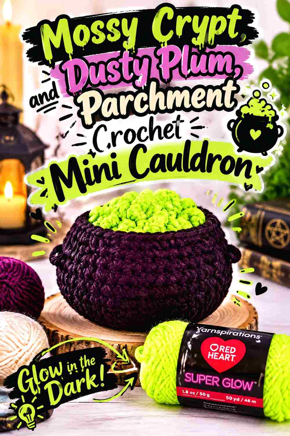 7. Mossy Crypt Dusty Plum And Parchment Crochet Mini Cauldron