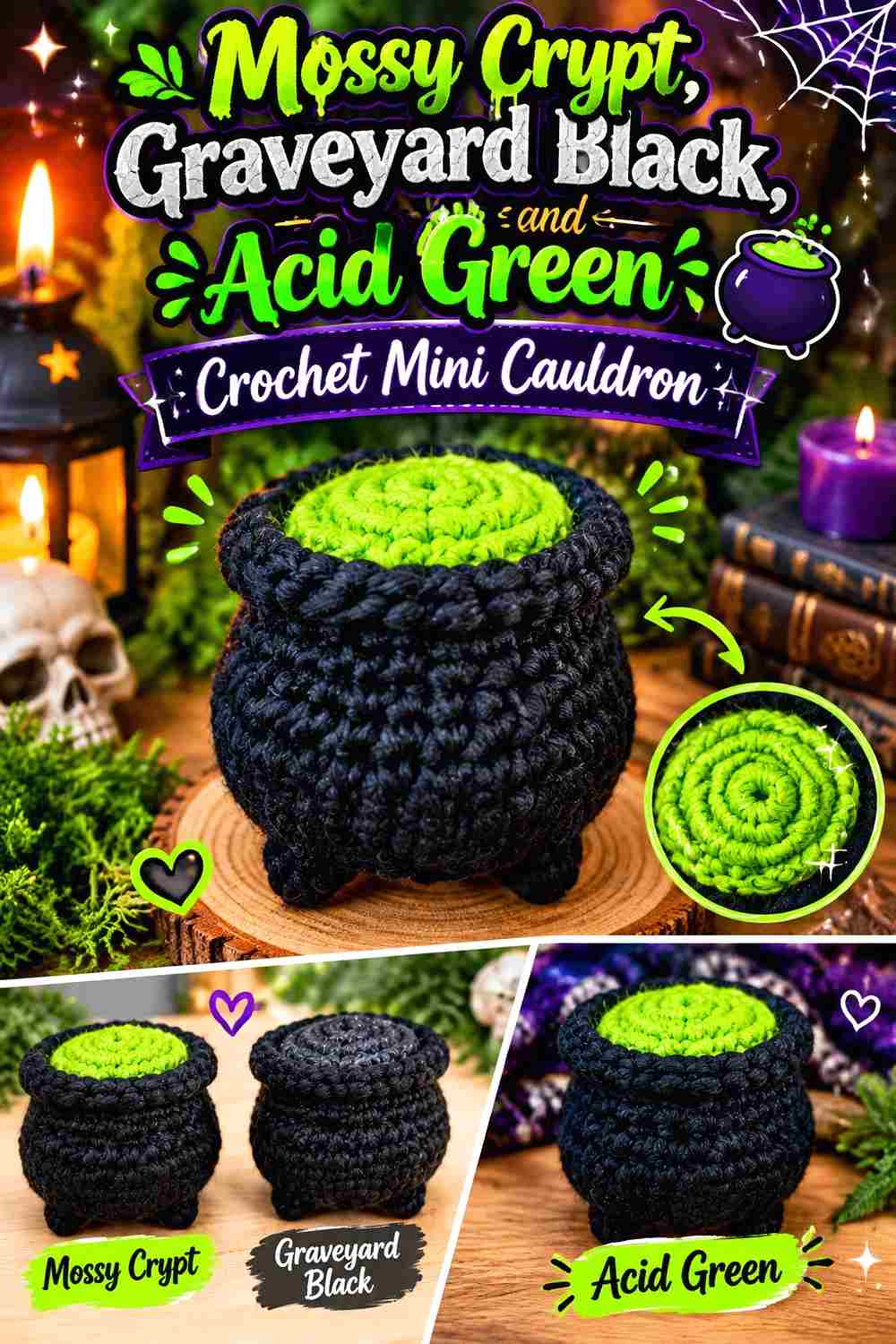 1. Mossy Crypt Graveyard Black And Acid Green Crochet Mini Cauldron