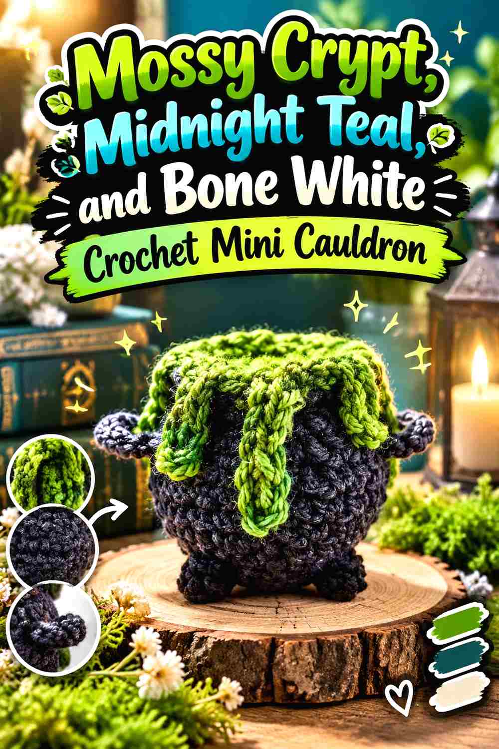 8. Mossy Crypt Midnight Teal And Bone White Crochet Mini Cauldron