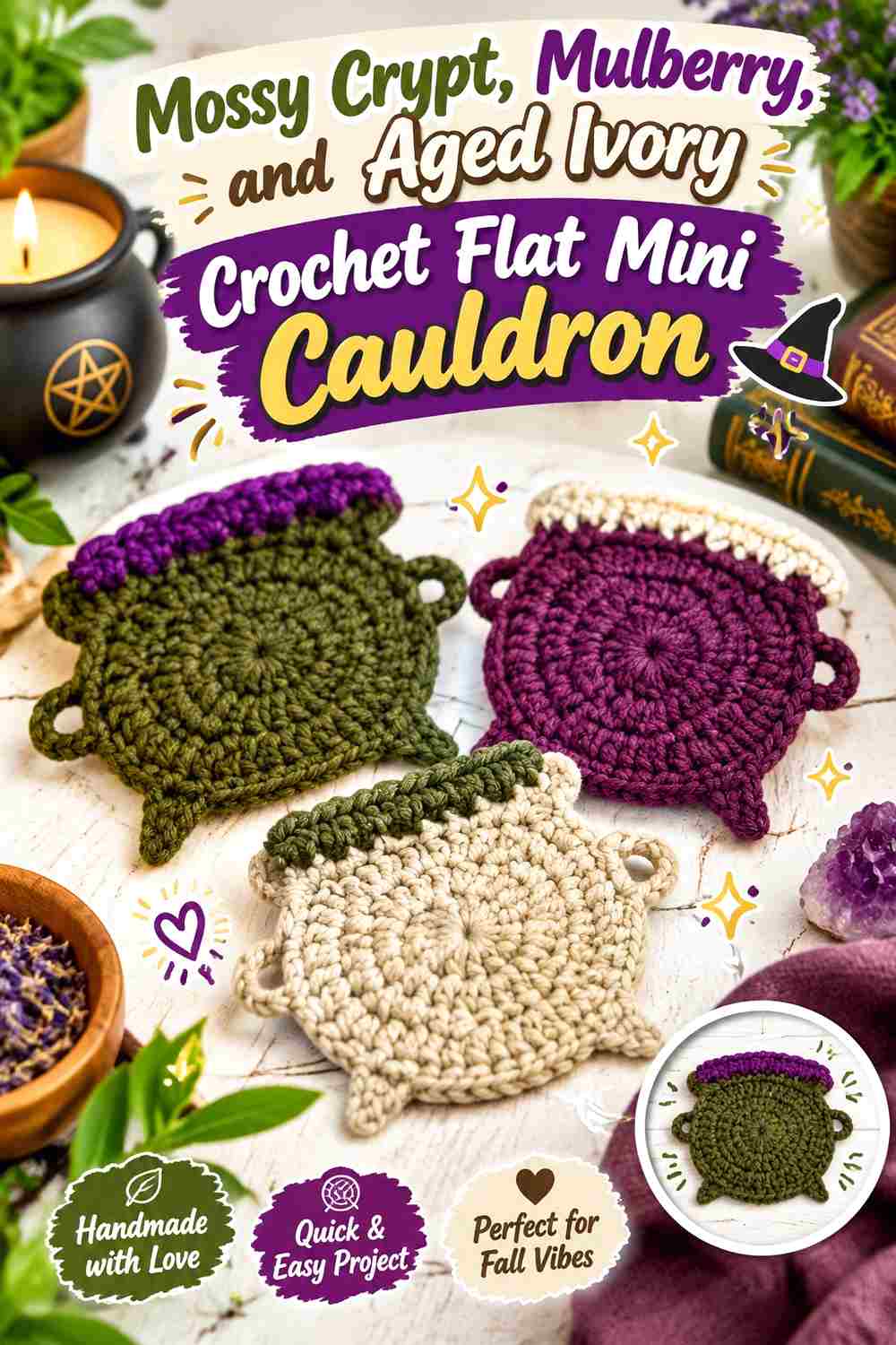 16. Mossy Crypt Mulberry And Aged Ivory Crochet Flat Mini Cauldron