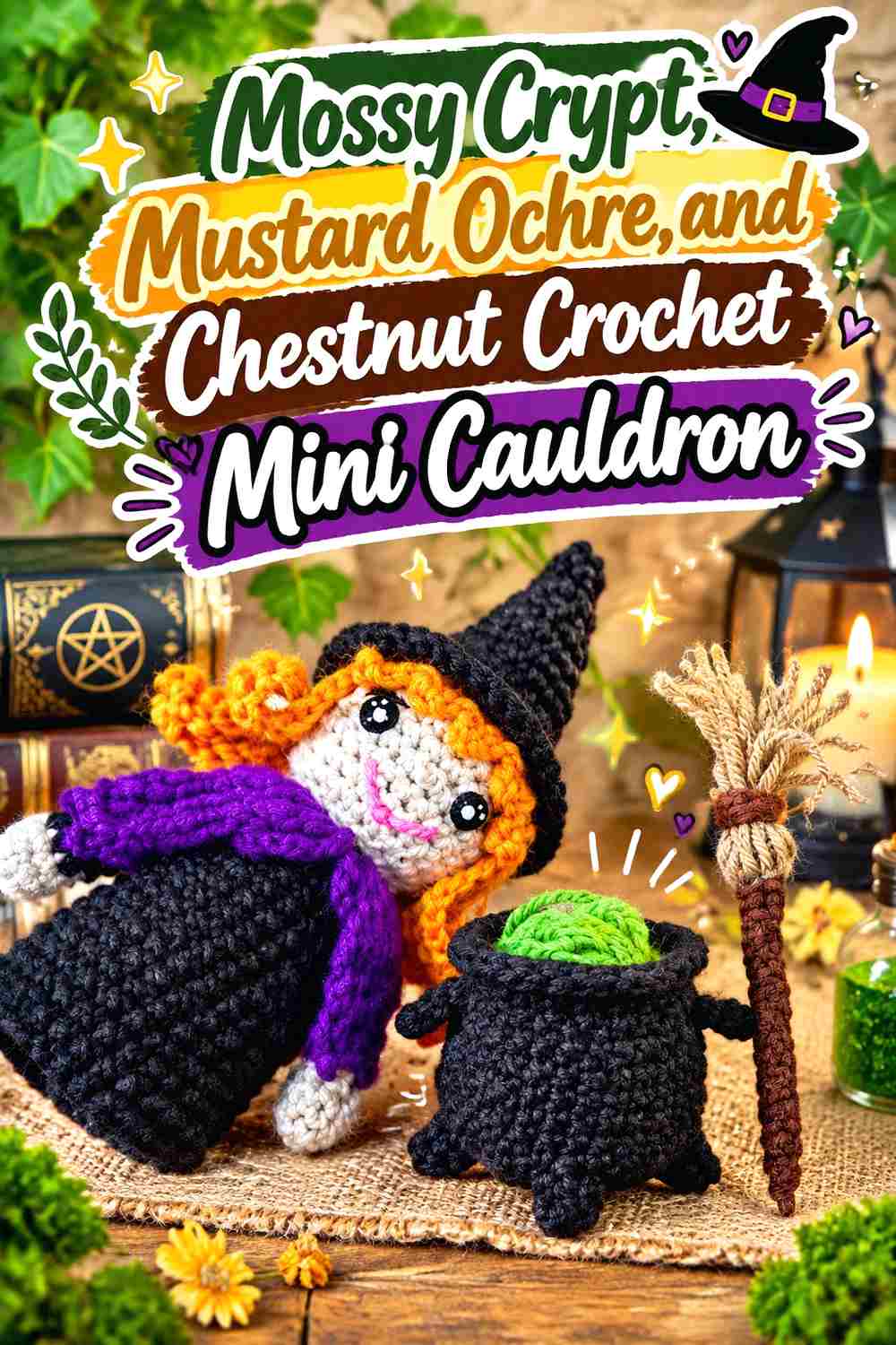 10. Mossy Crypt Mustard Ochre And Chestnut Crochet Mini Cauldron