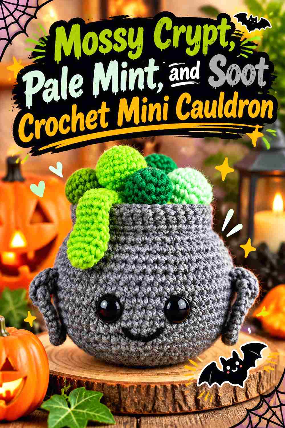 14. Mossy Crypt Pale Mint And Soot Crochet Mini Cauldron