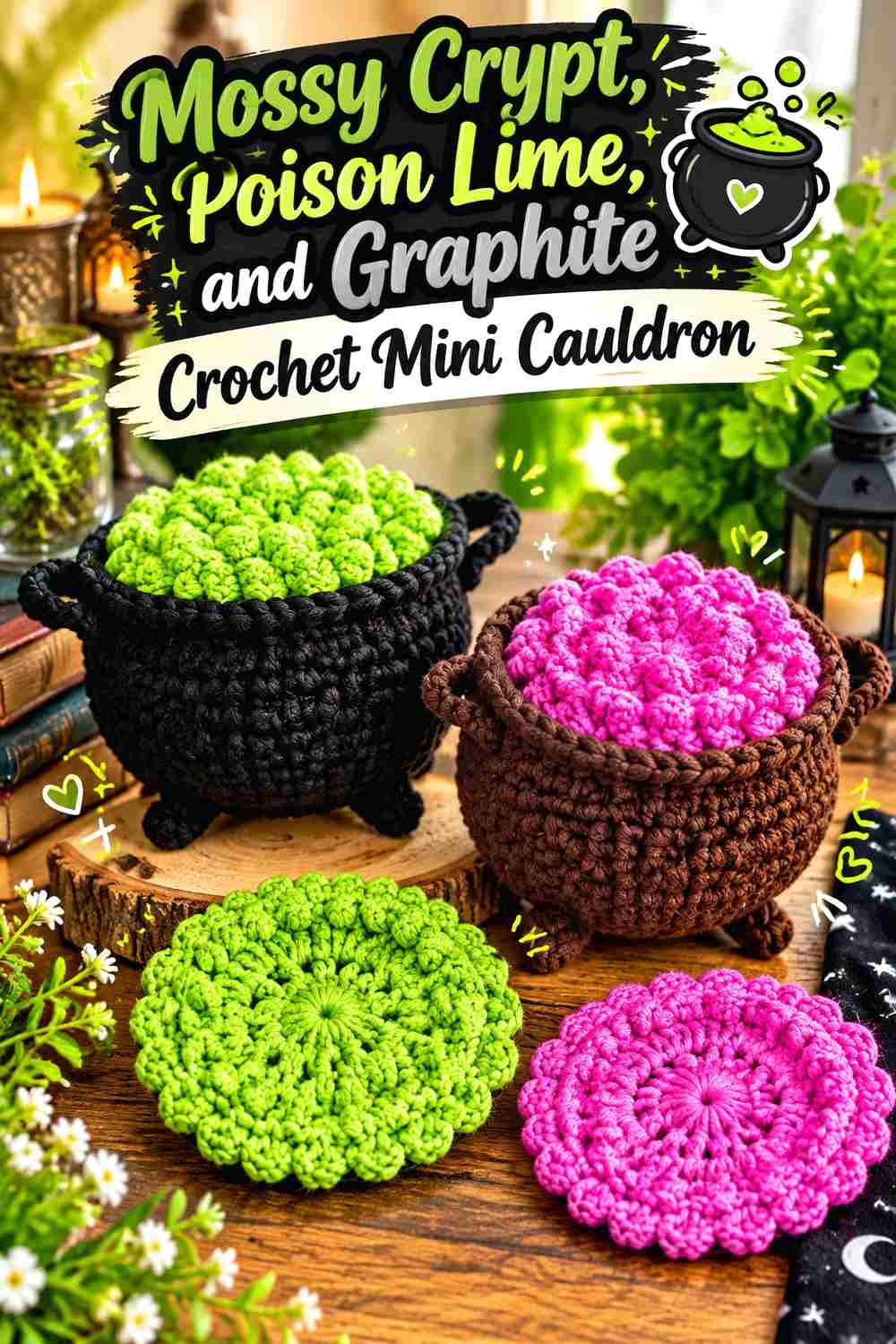 6. Mossy Crypt Poison Lime And Graphite Crochet Mini Cauldron