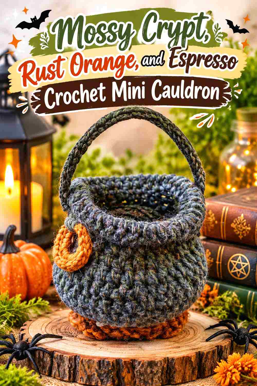 5. Mossy Crypt Rust Orange And Espresso Crochet Mini Cauldron