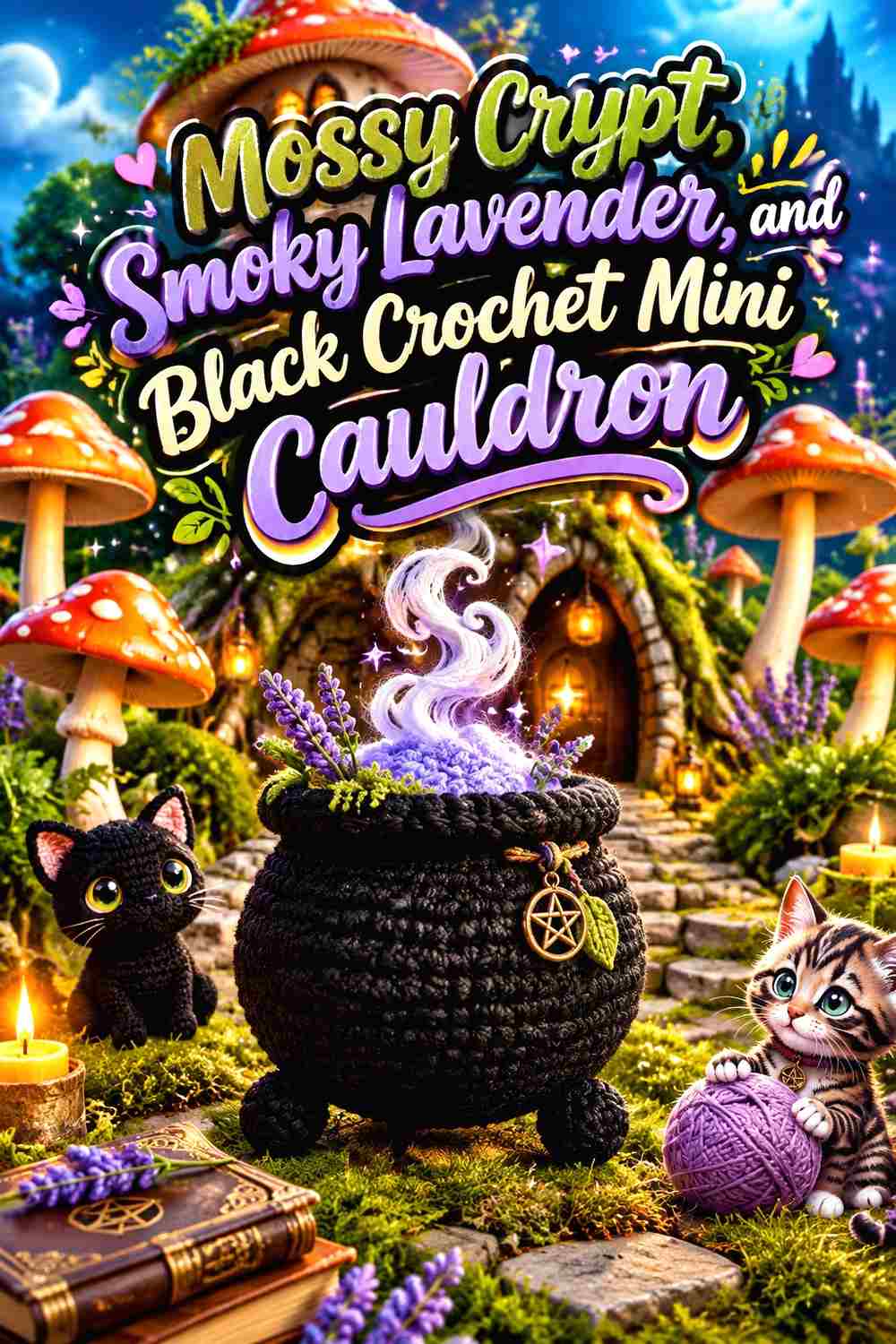 12. Mossy Crypt Smoky Lavender And Black Crochet Mini Cauldron