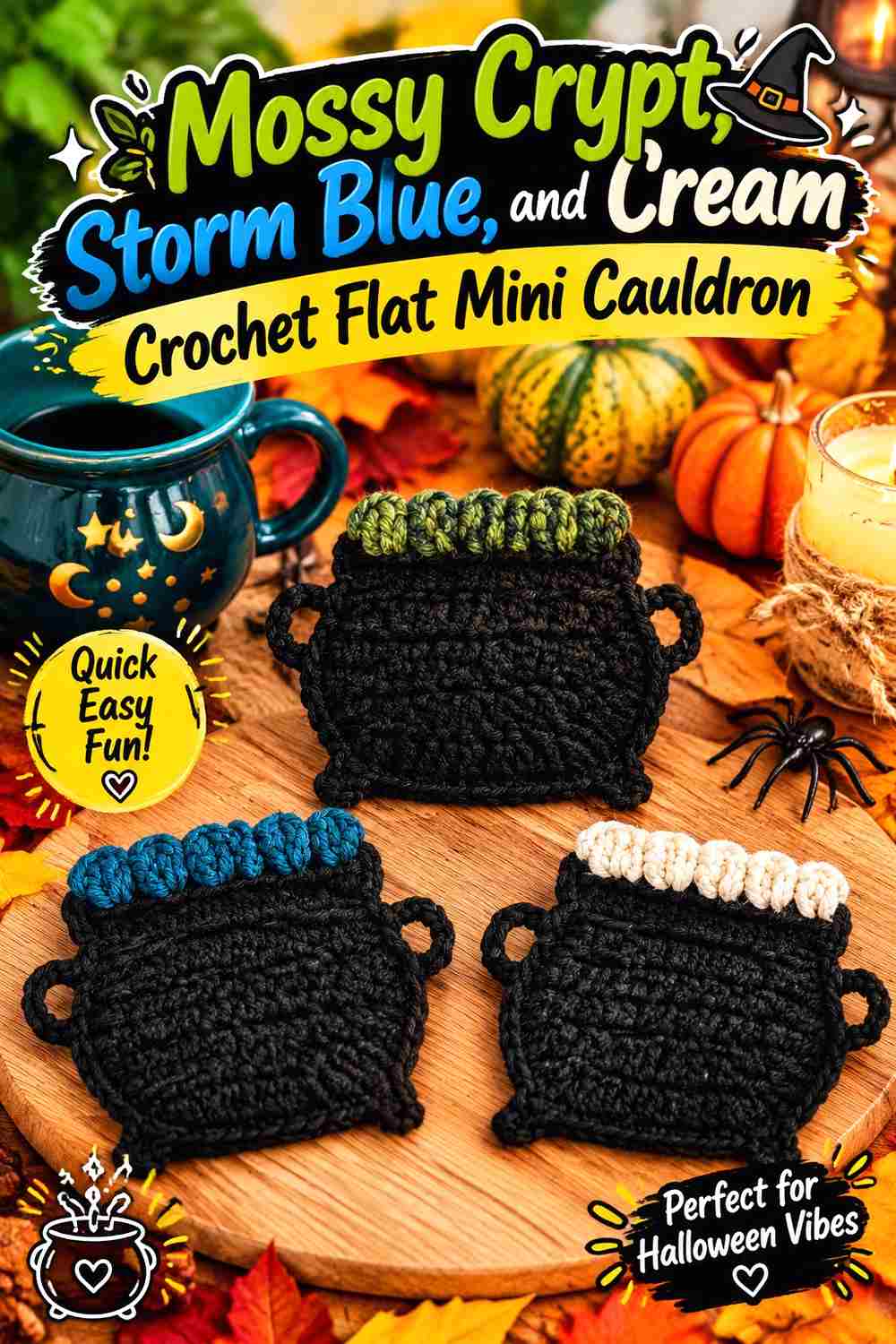 15. Mossy Crypt Storm Blue And Cream Crochet Flat Mini Cauldron