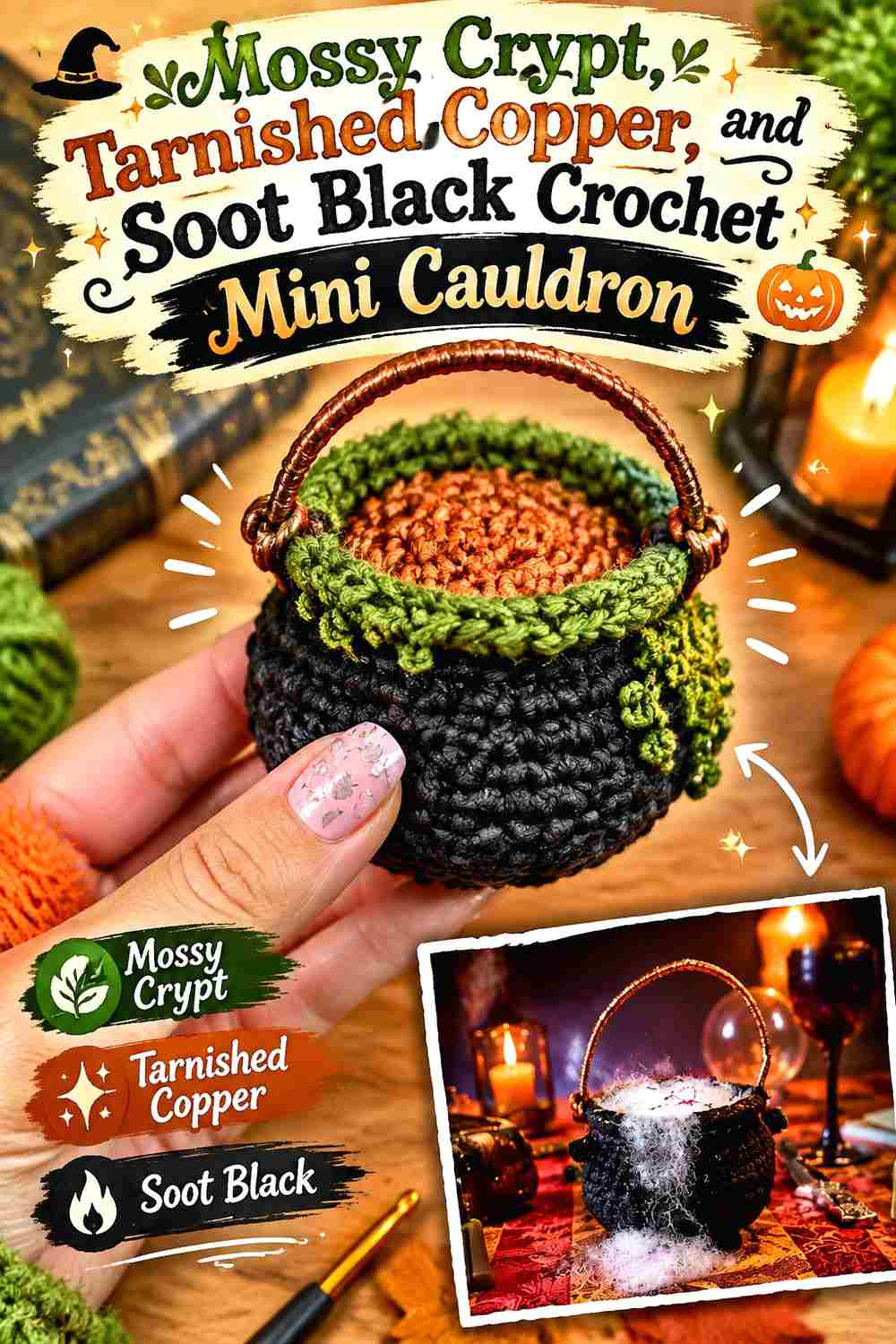 3. Mossy Crypt Tarnished Copper And Soot Black Crochet Mini Cauldron