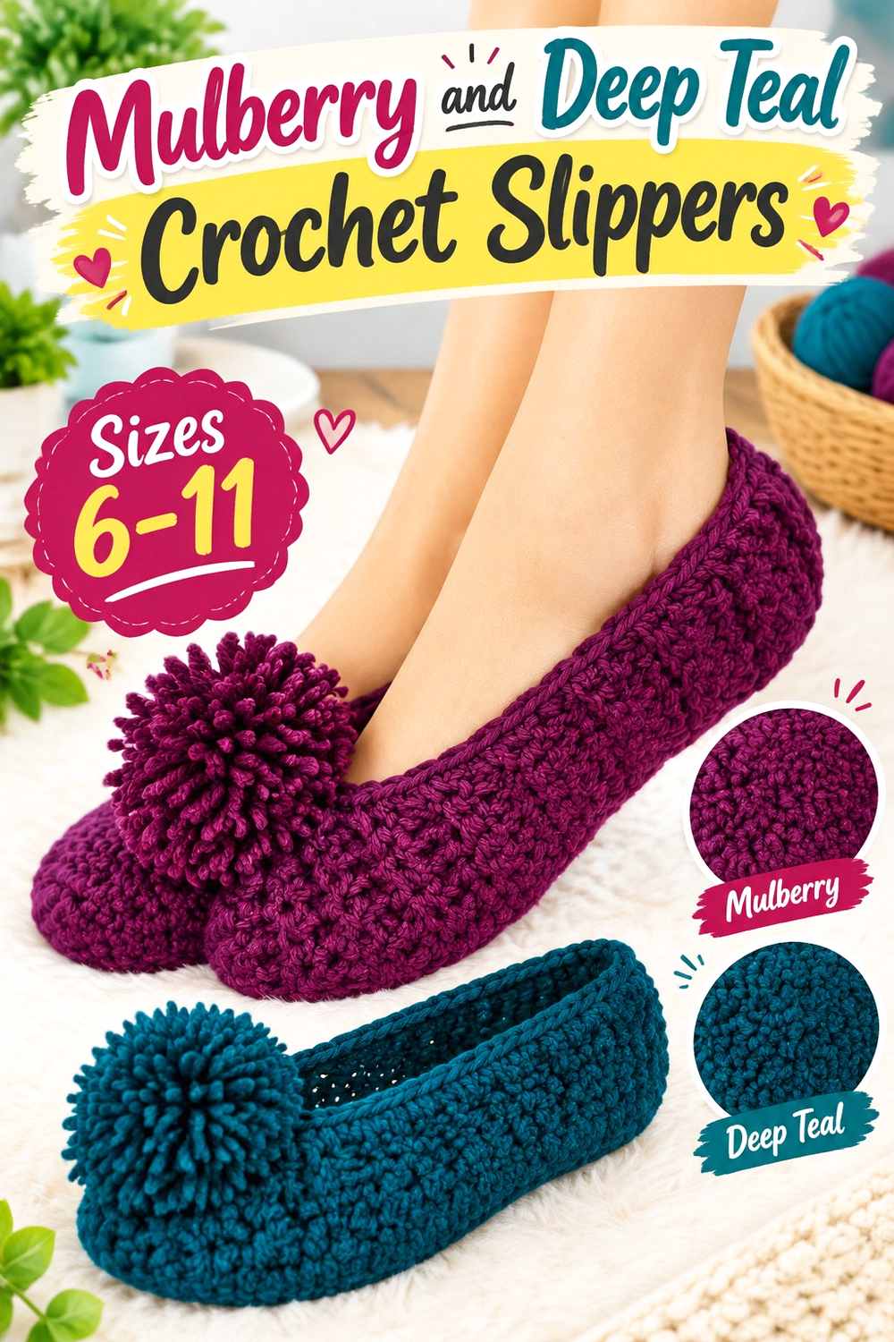 18. Mulberry And Deep Teal Crochet Slippers
