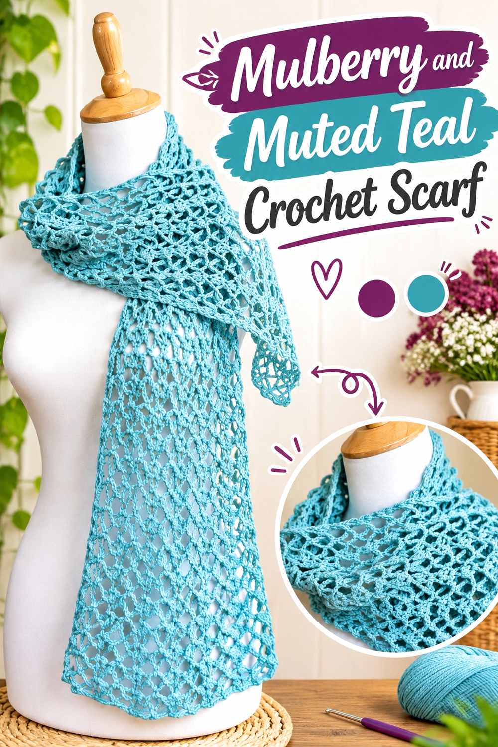 6. Mulberry And Muted Teal Crochet Scarf