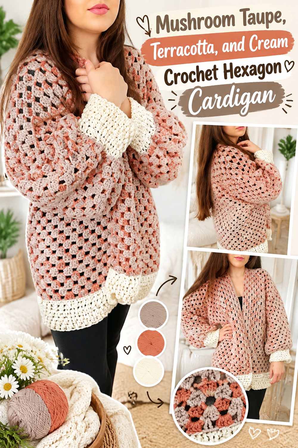 13. Mushroom Taupe Terracotta And Cream Crochet Hexagon Cardigan