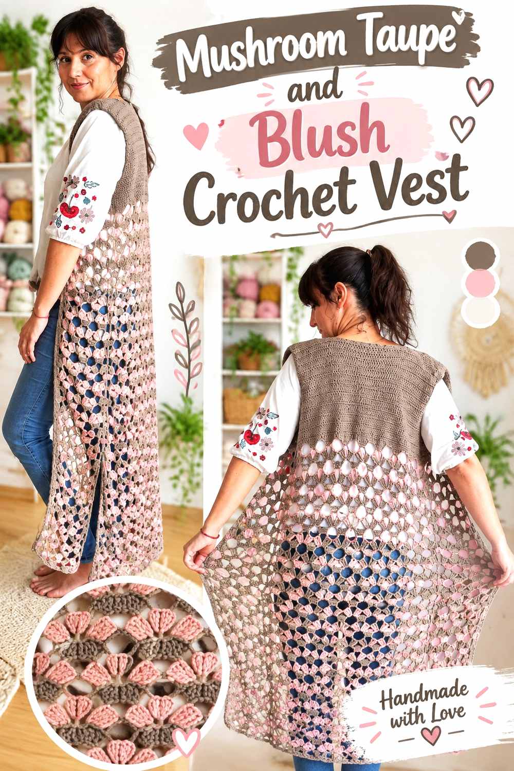 7. Mushroom Taupe And Blush Crochet Vest