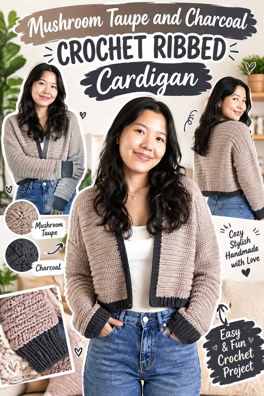 2. Mushroom Taupe And Charcoal Crochet Ribbed Cardigan