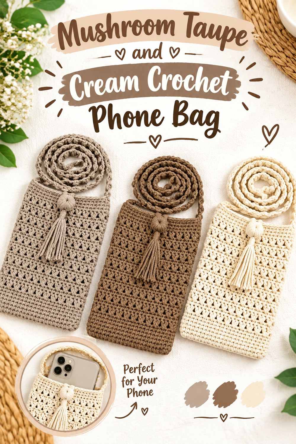 15. Mushroom Taupe And Cream Crochet Phone Bag