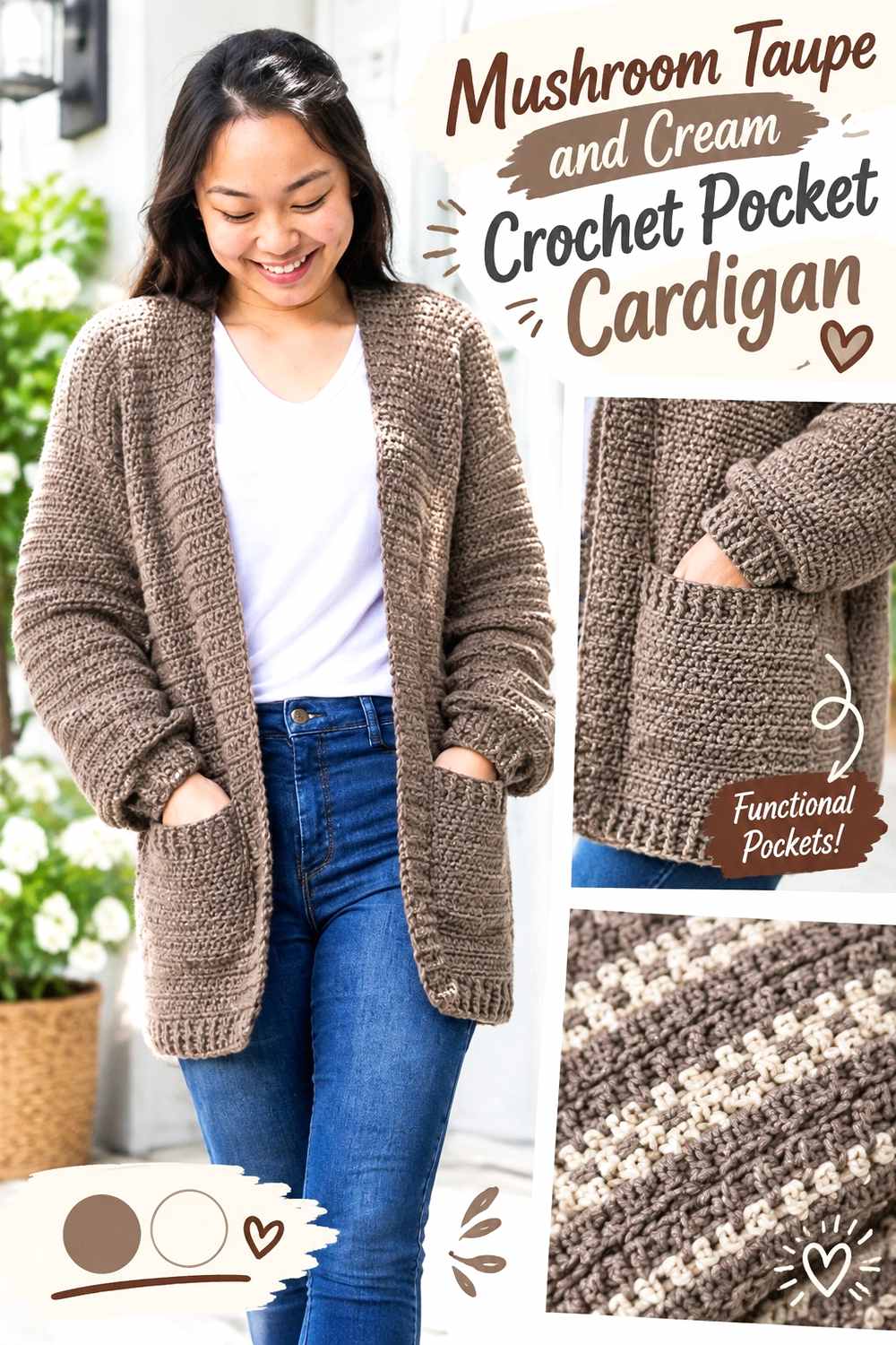 1. Mushroom Taupe And Cream Crochet Pocket Cardigan