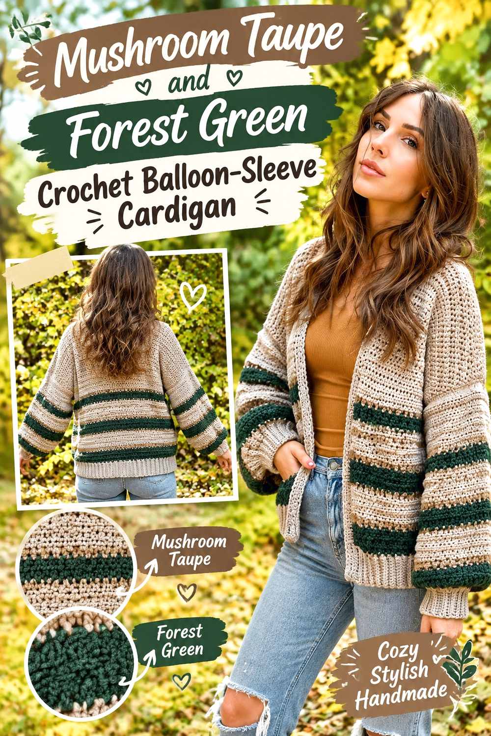 11. Mushroom Taupe And Forest Green Crochet Balloon Sleeve Cardigan