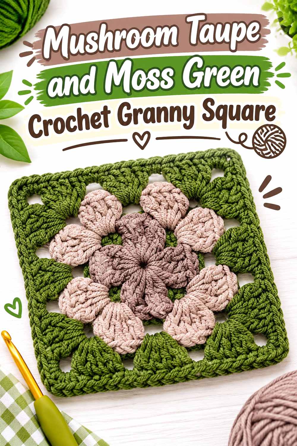 14. Mushroom Taupe And Moss Green Crochet Granny Square