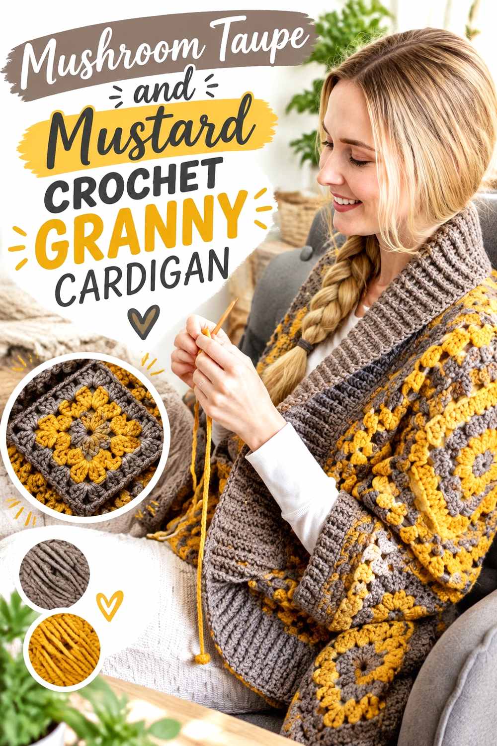 10. Mushroom Taupe And Mustard Crochet Granny Cardigan