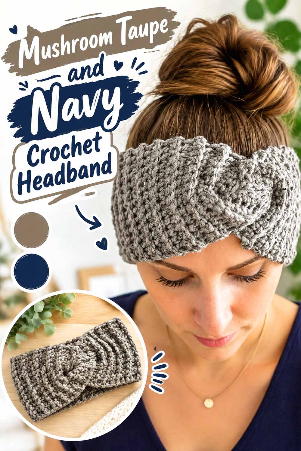 10. Mushroom Taupe And Navy Crochet Headband