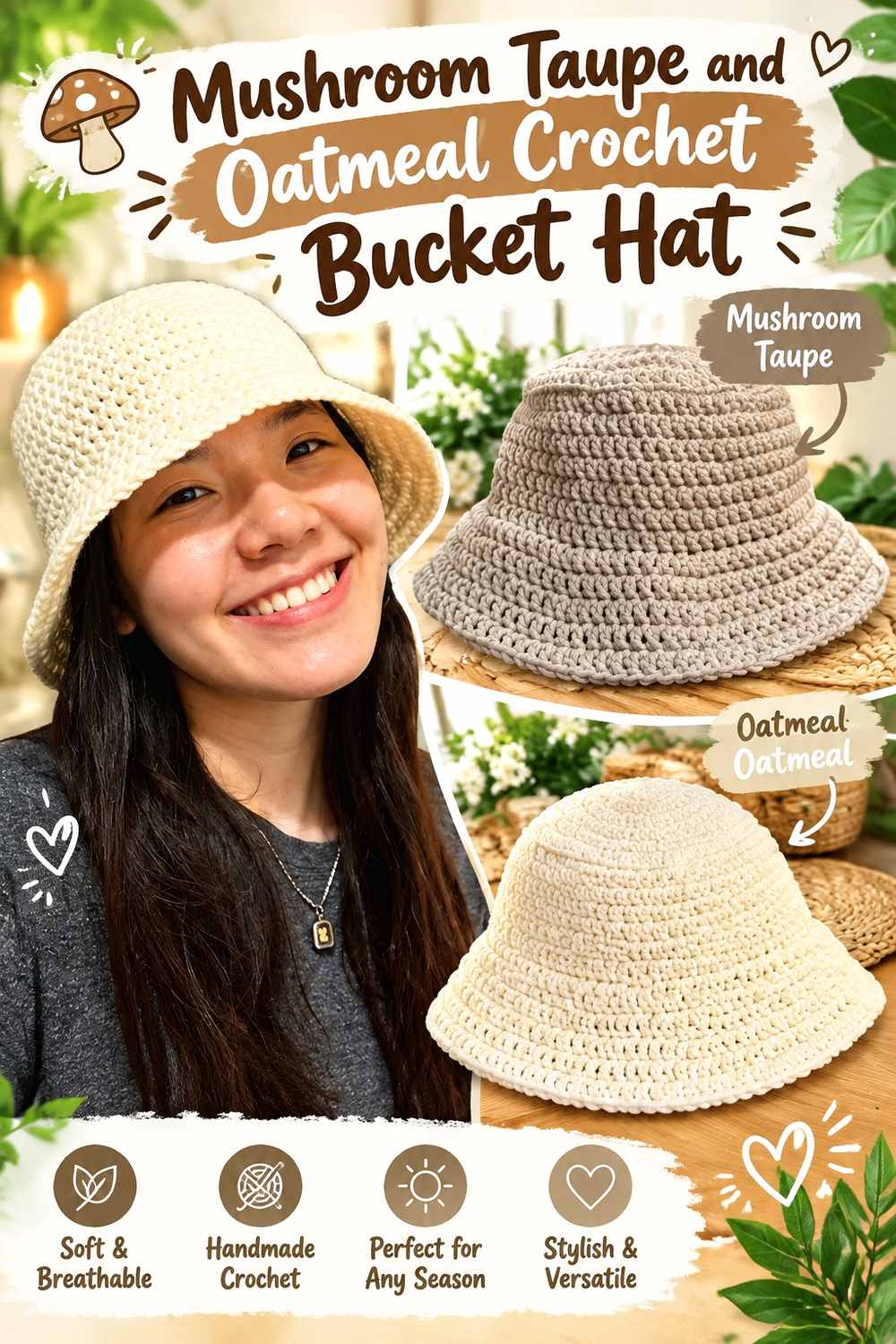 3. Mushroom Taupe And Oatmeal Crochet Bucket Hat