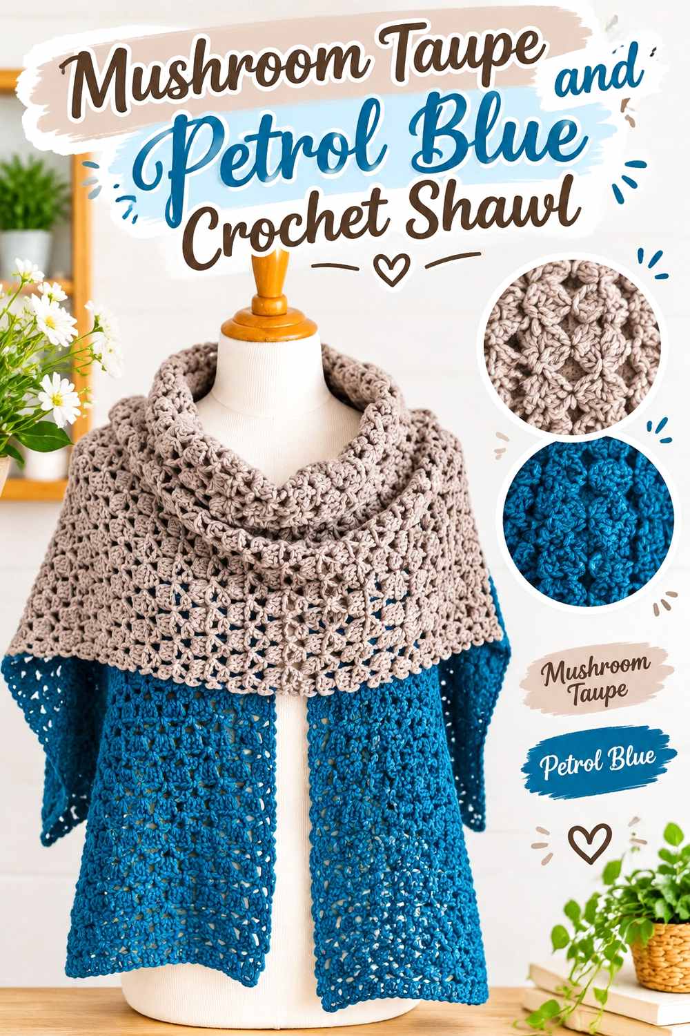 12. Mushroom Taupe And Petrol Blue Crochet Shawl